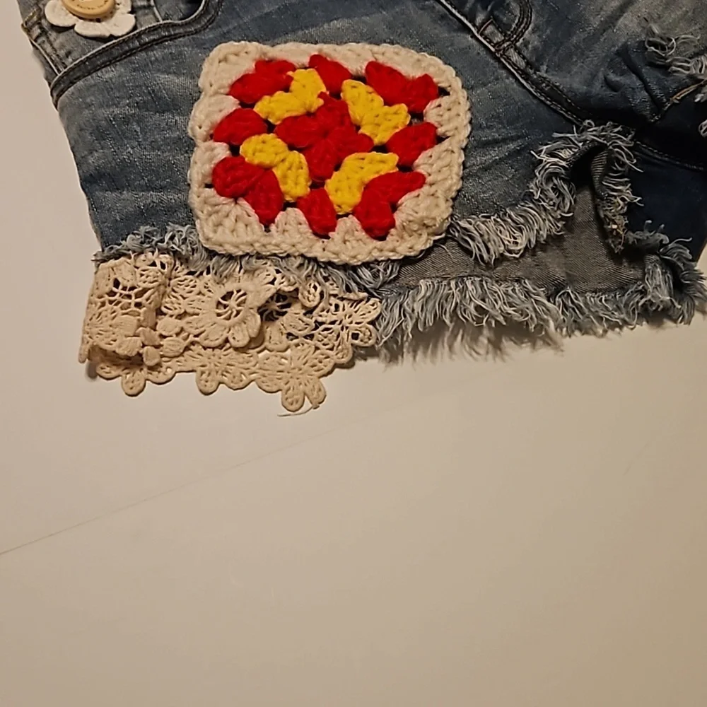 Hand Crafted Upcycled Denim Crochet Shorts Granny Square Handmade High rise 29 - Picture 9 of 17